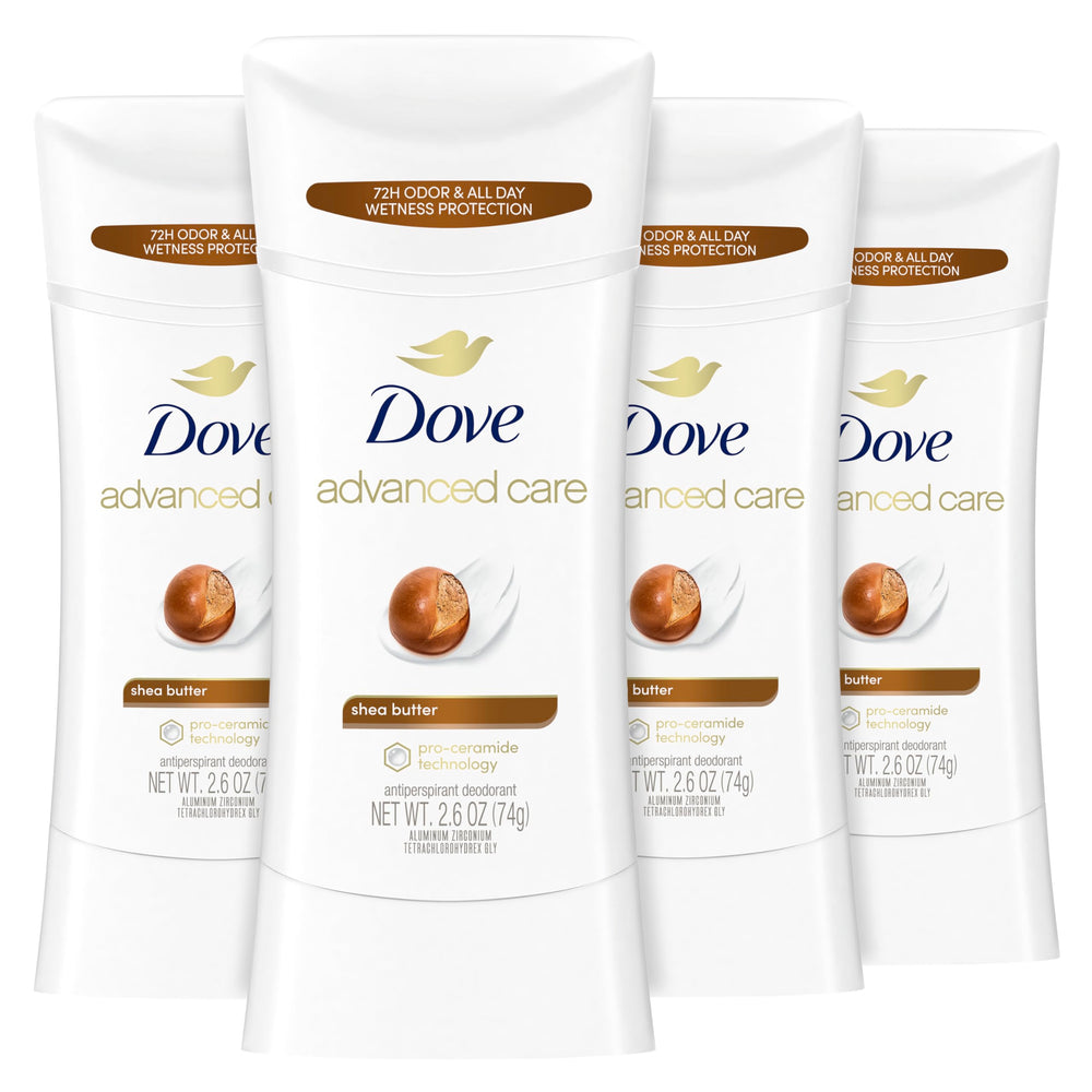 Dove Advanced Care Shea Butter deodorant stick application for smoother, protected underarms.