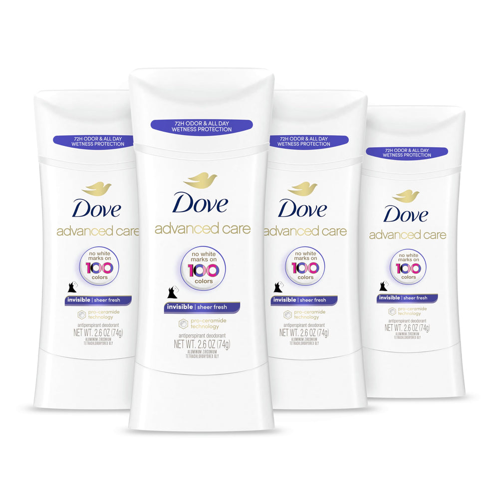 Dove Advanced Care Sheer Fresh stick pack shows convenient four-count packaging for daily use.