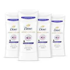 Dove Advanced Care Sheer Fresh stick pack shows convenient four-count packaging for daily use.