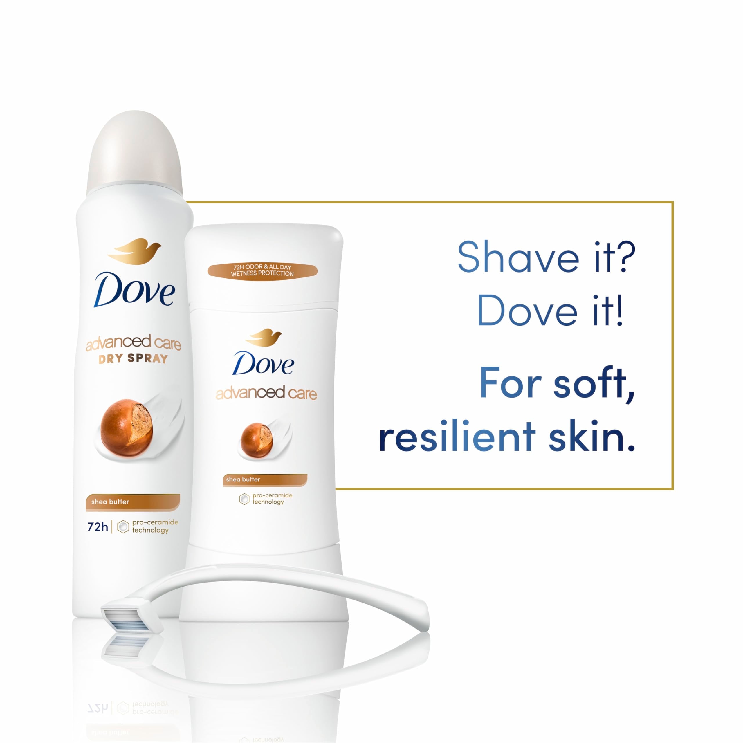 Dove Advanced Care packaging showing barrier repair concept and Shea Butter care.