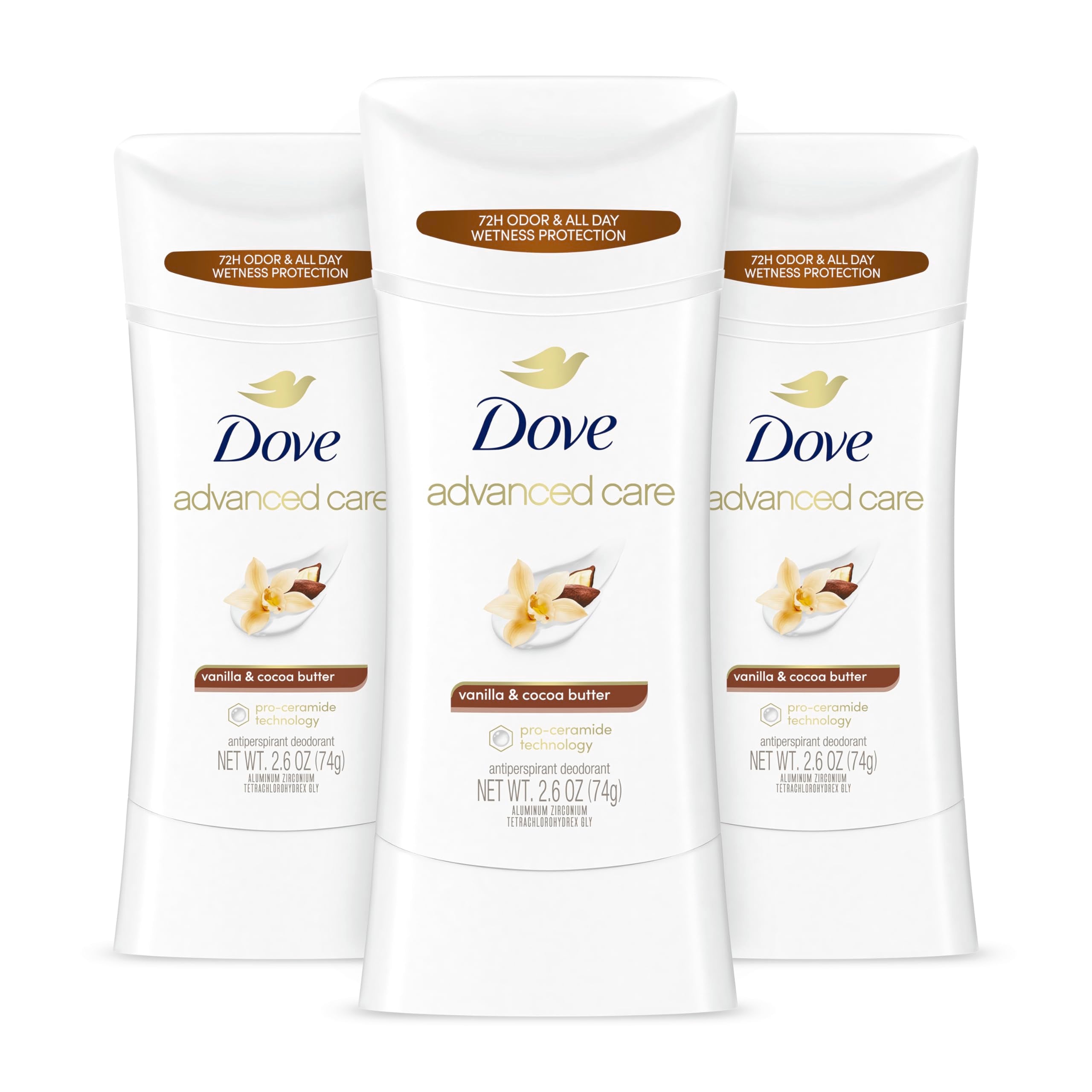 Dove Advanced Care vanilla cocoa butter deodorant stick 3-pack—long-lasting protection.