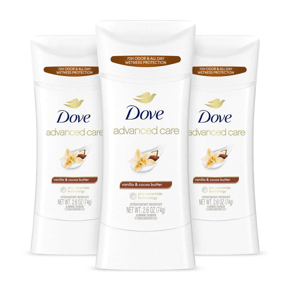 Dove Advanced Care vanilla cocoa butter deodorant stick 3-pack—long-lasting protection.