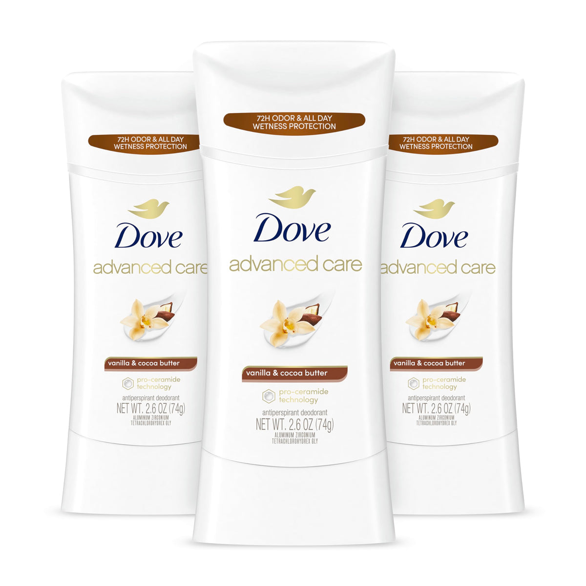Dove Advanced Care vanilla cocoa butter deodorant stick 3-pack—long-lasting protection.