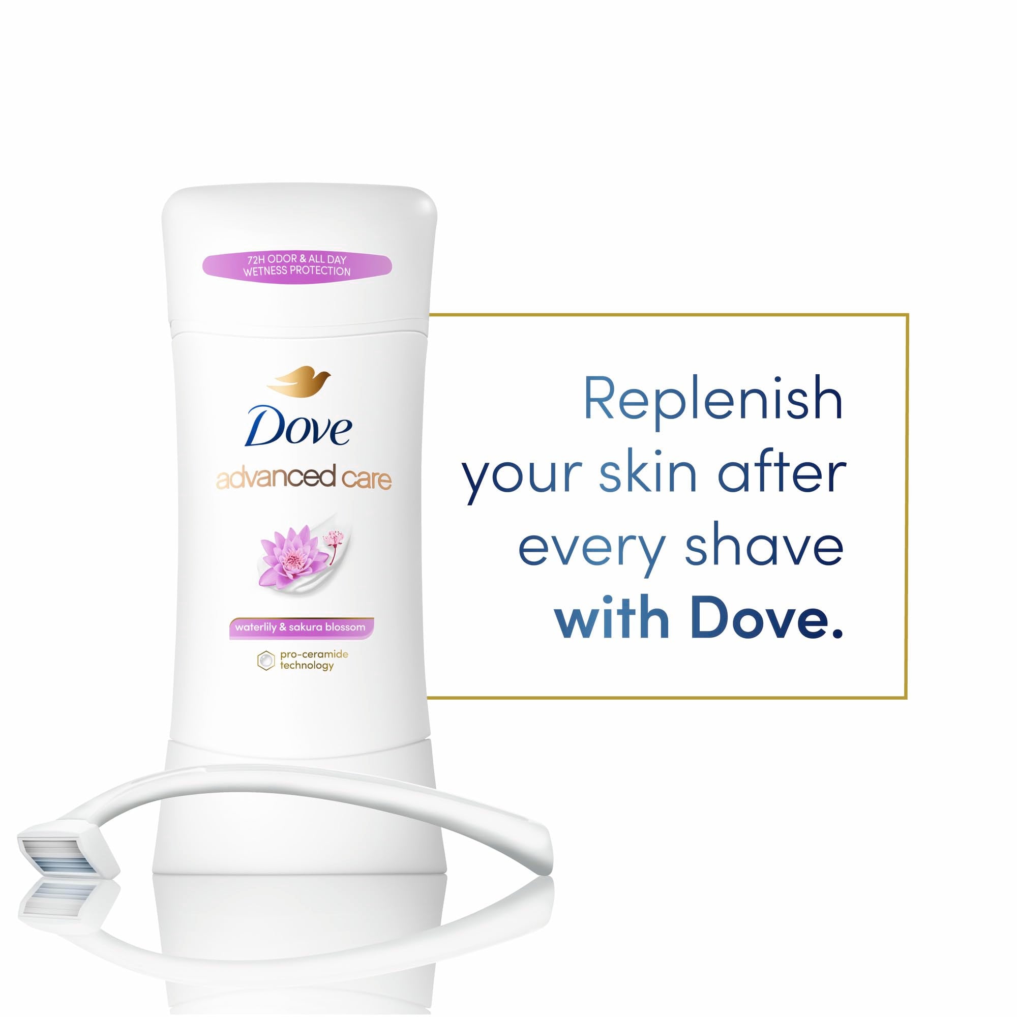 Dove Advanced Care Waterlily & Sakura Blossom stick being applied underarm after shaving