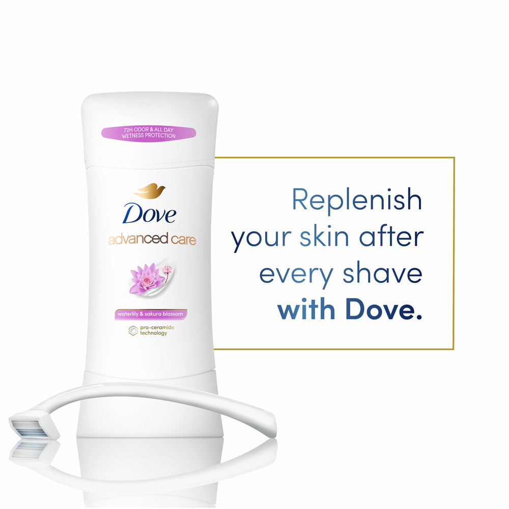 Dove Advanced Care Waterlily & Sakura Blossom stick being applied underarm after shaving