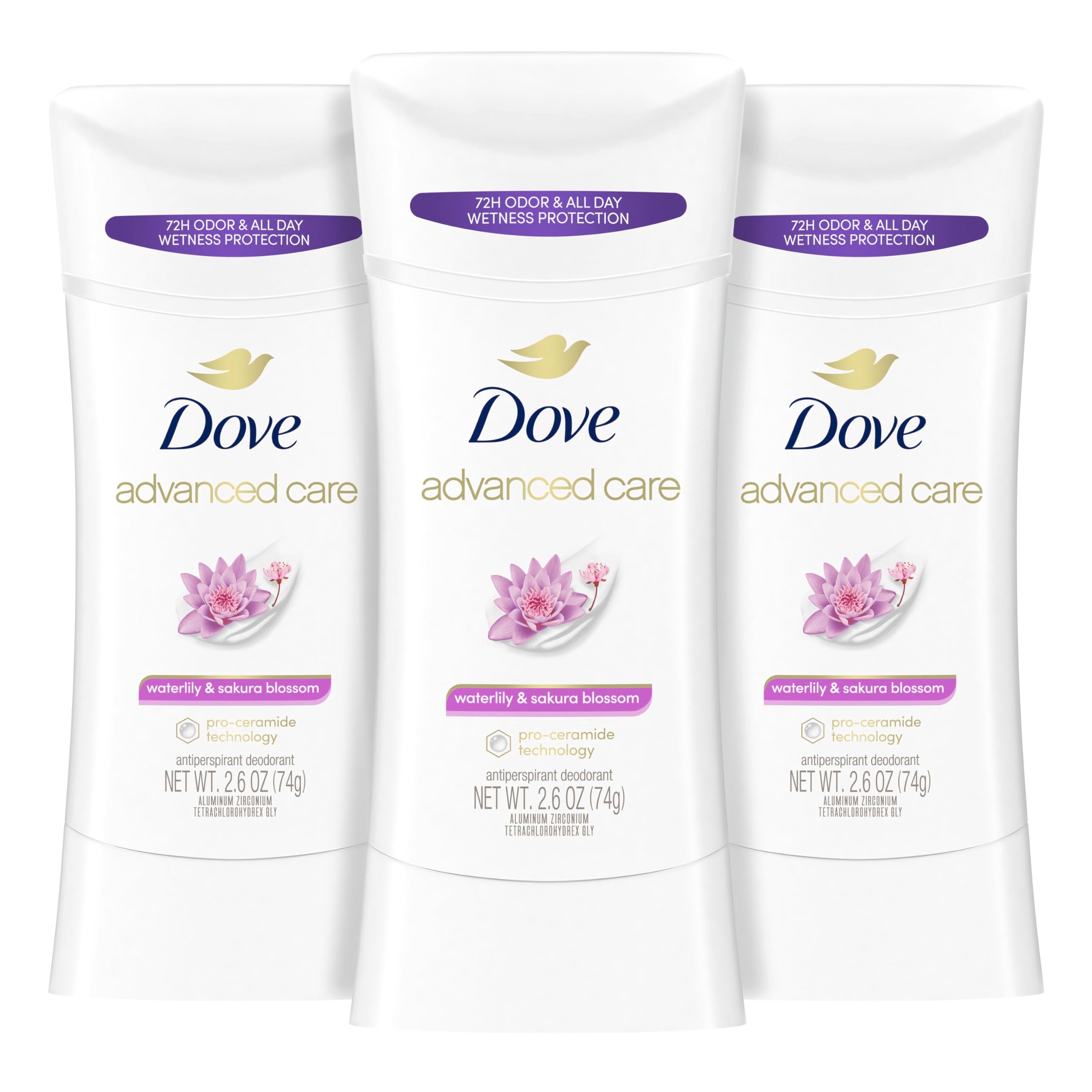 Dove Advanced Care Waterlily & Sakura Blossom stick packaging showing 3ct box for everyday care