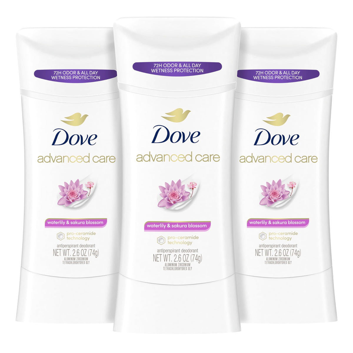 Dove Advanced Care Waterlily & Sakura Blossom stick packaging showing 3ct box for everyday care
