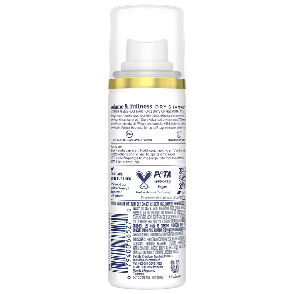 Dove Advanced Dry Shampoo travel-size bottle close-up for weightless volume