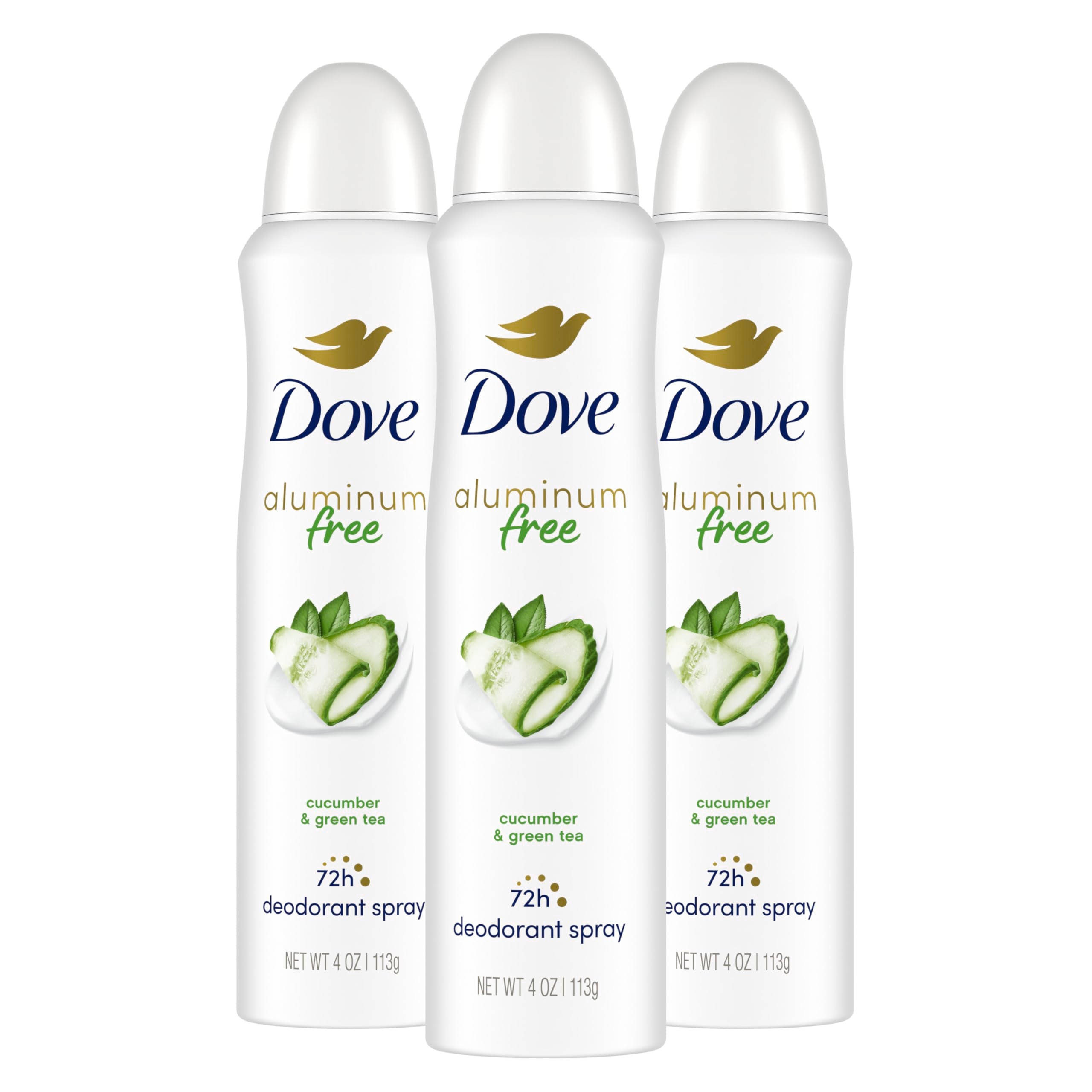 Dove aluminum-free deodorant spray packaging with cucumber-green-tea for long-lasting freshness.