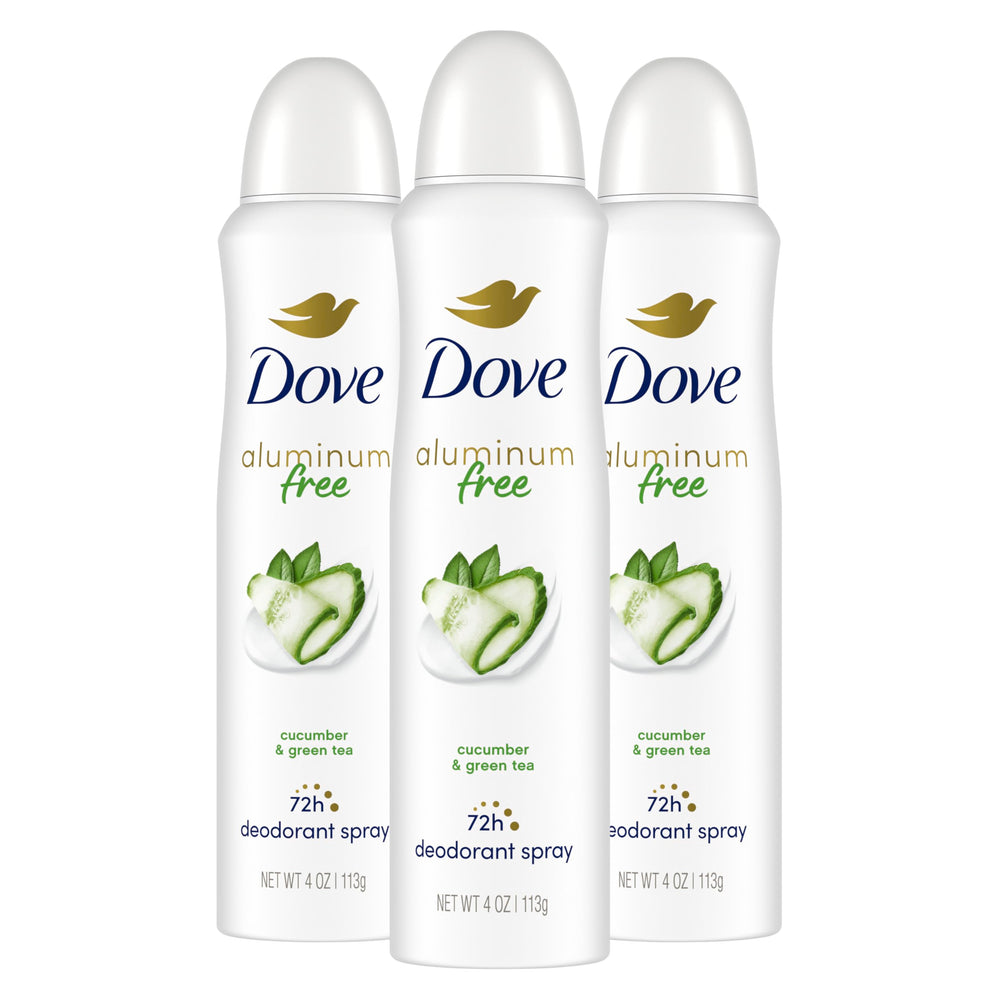 Dove aluminum-free deodorant spray packaging with cucumber-green-tea for long-lasting freshness.