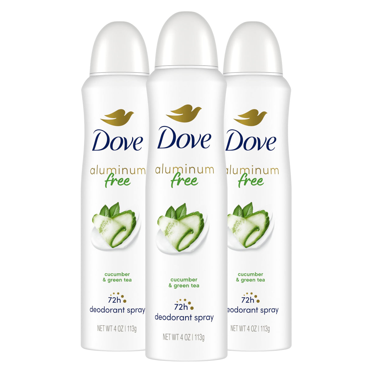 Dove aluminum-free deodorant spray packaging with cucumber-green-tea for long-lasting freshness.