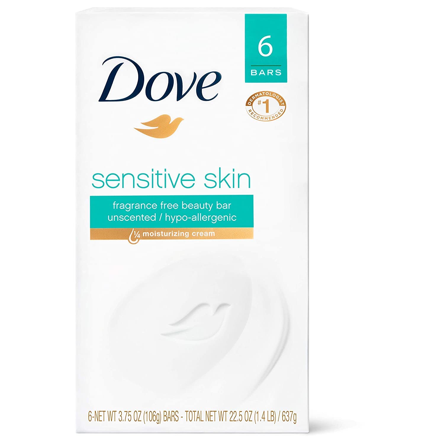 Dove bath bar unscented packaging front, gentle cleanse for sensitive skin.