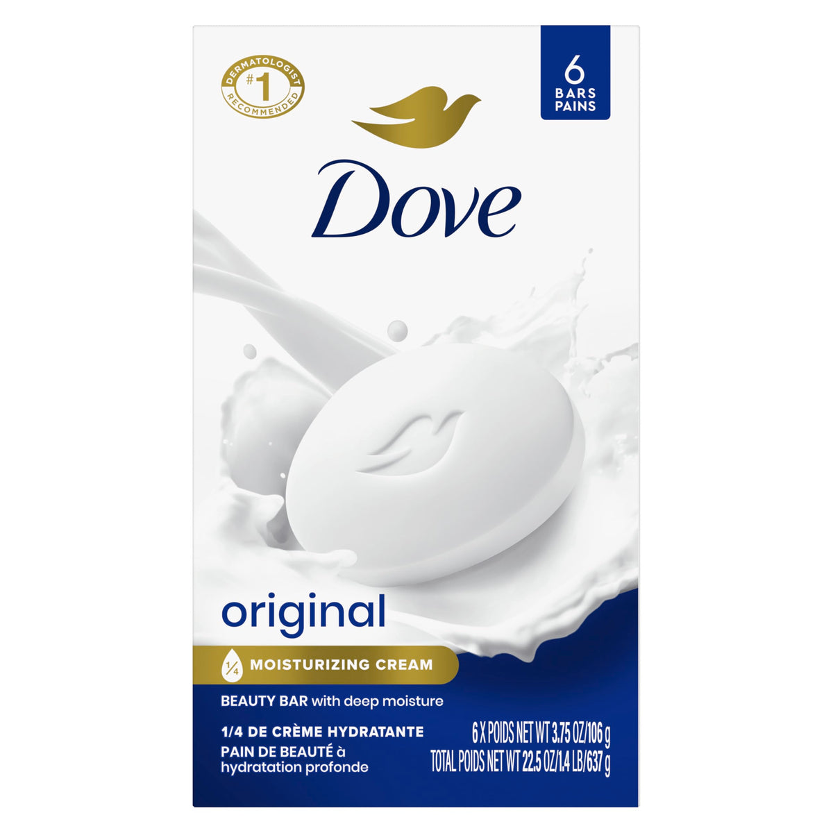 Dove Beauty Bar Original packaging showing six-bar pack for daily cleansing.