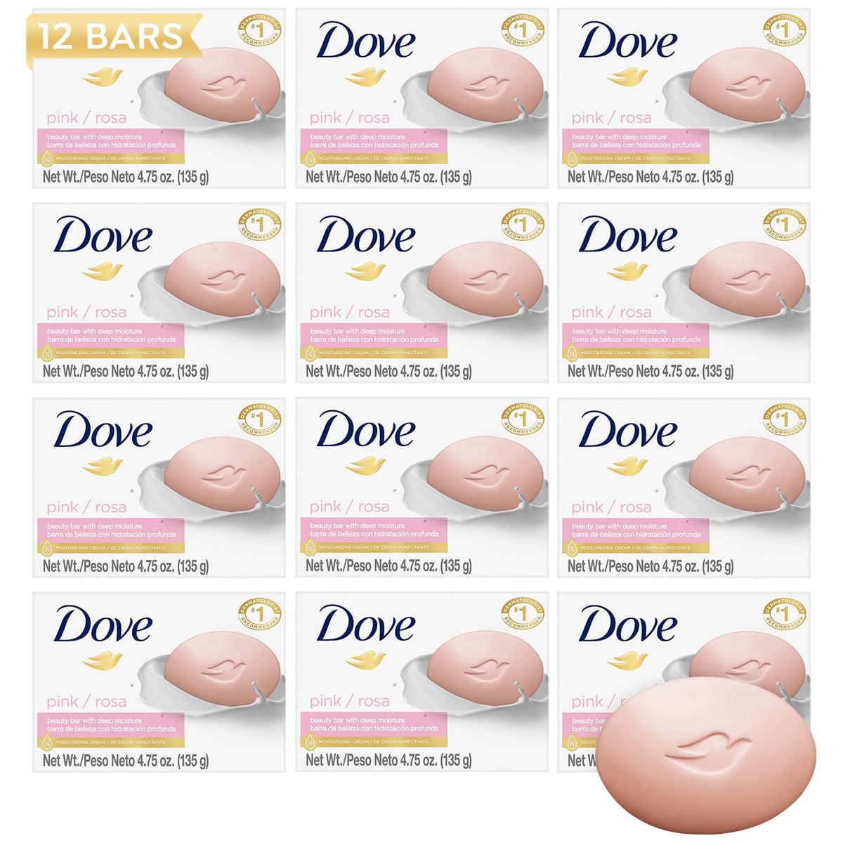 Dove Beauty Bar Pink Soap Pack: twelve individually wrapped bars for daily moisture.