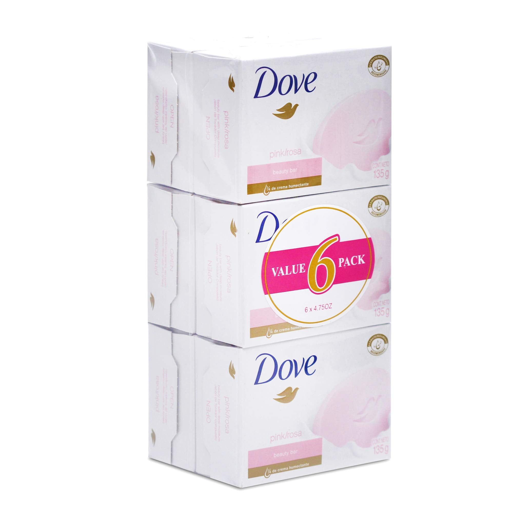 Dove beauty cream bar soap pink six-pack front view demonstrates soft skin benefits.