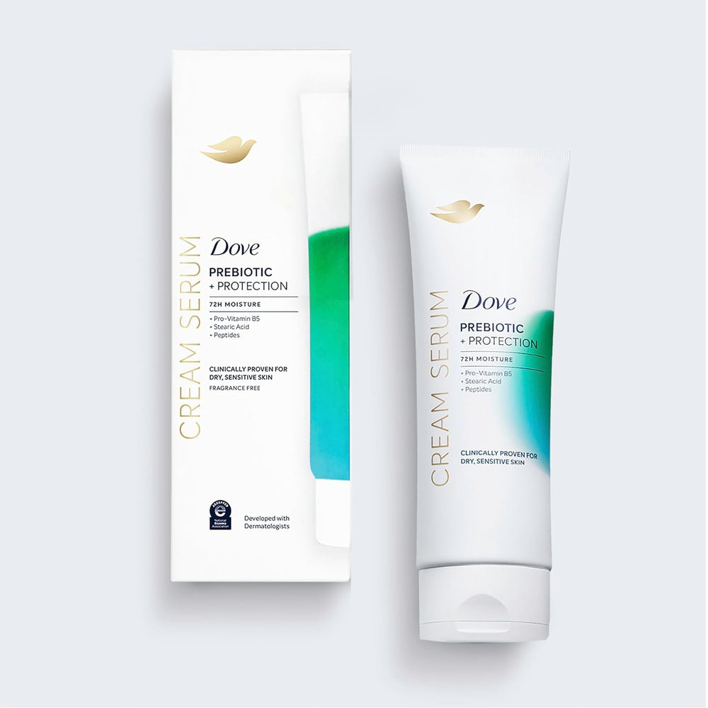 Dove Body Cream Serum close-up emphasizes 72-hour moisture for dry skin.