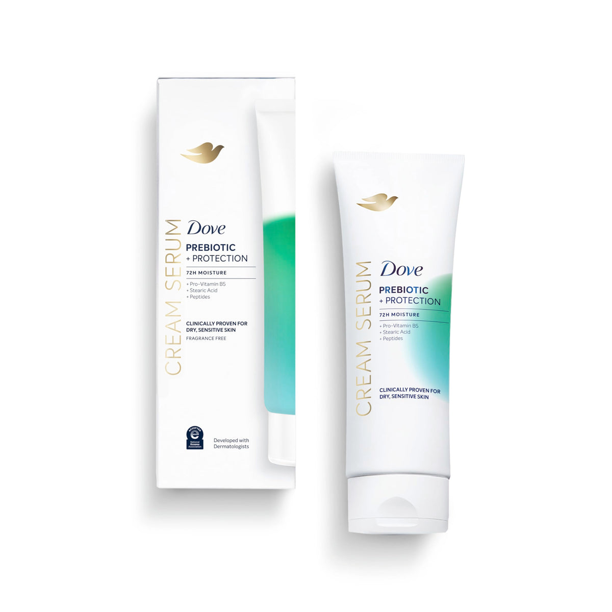 Dove Body Cream Serum application shows a non-greasy, fast-absorbing finish.