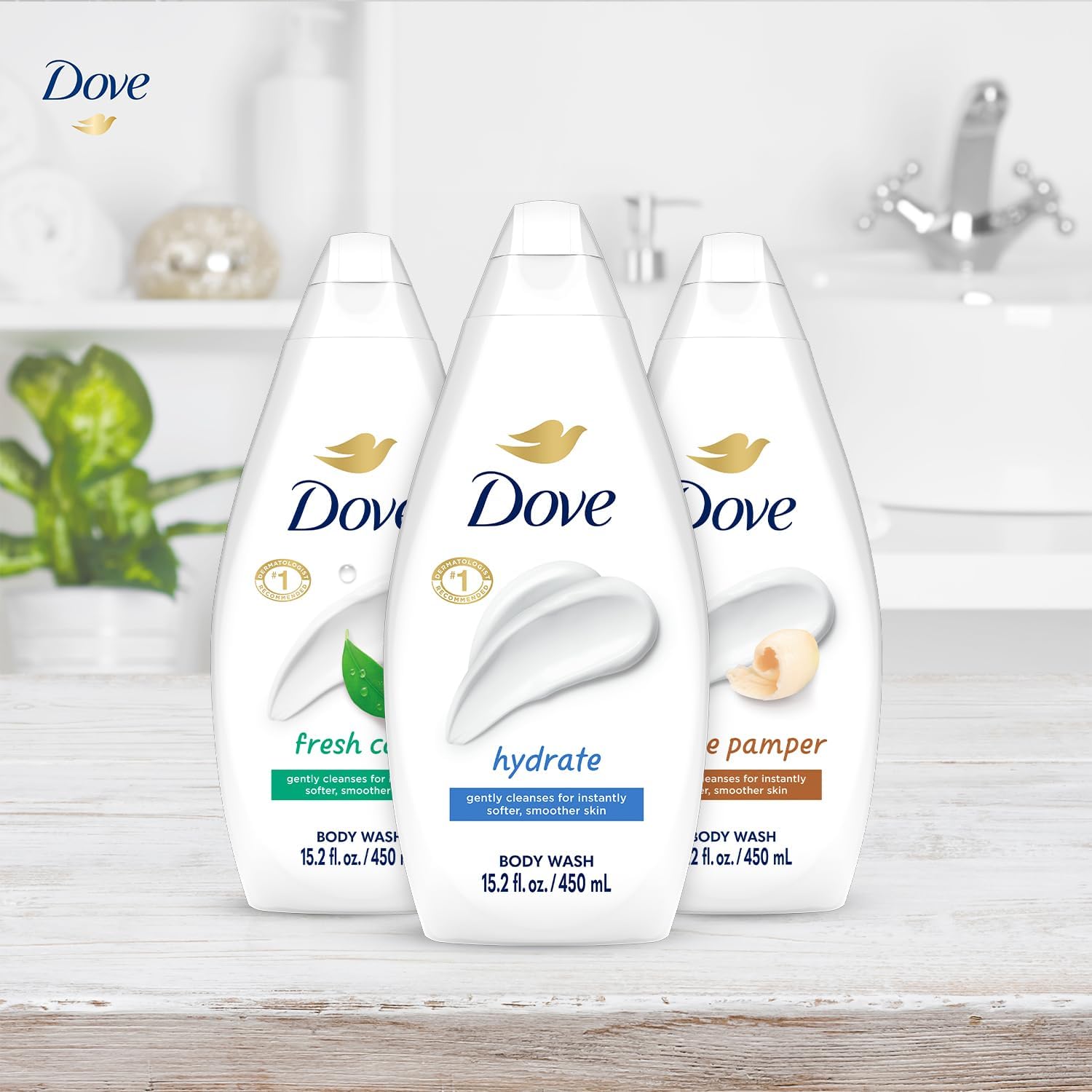 Dove Fresh Care bottle pour captures refreshing scent ideal for mornings.