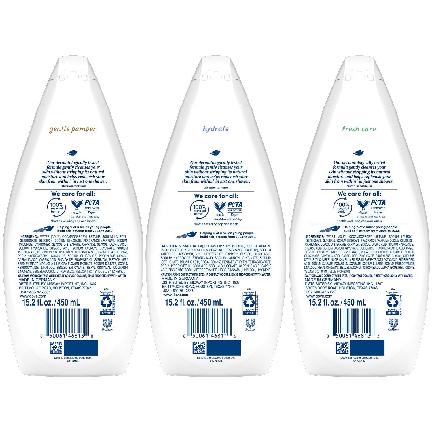 Dove Gentle Pamper bottle pour shows mild formula for sensitive skin care.