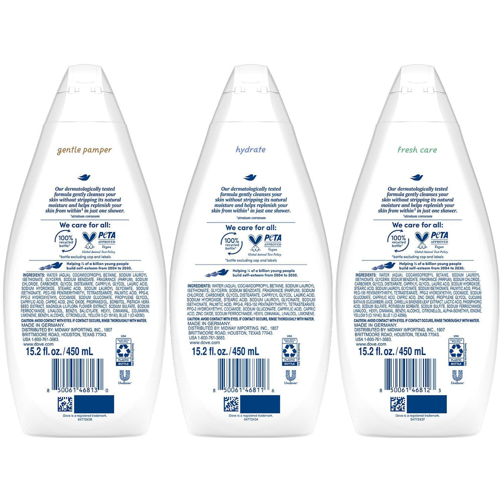 Dove Gentle Pamper bottle pour shows mild formula for sensitive skin care.
