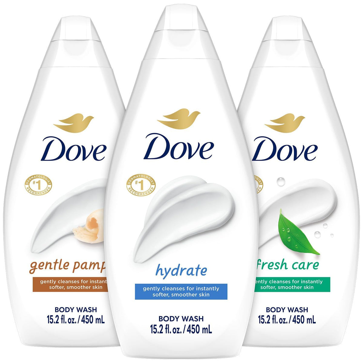 Dove Hydrate body wash bottle pour offers a moisturizing lather for daily care.
