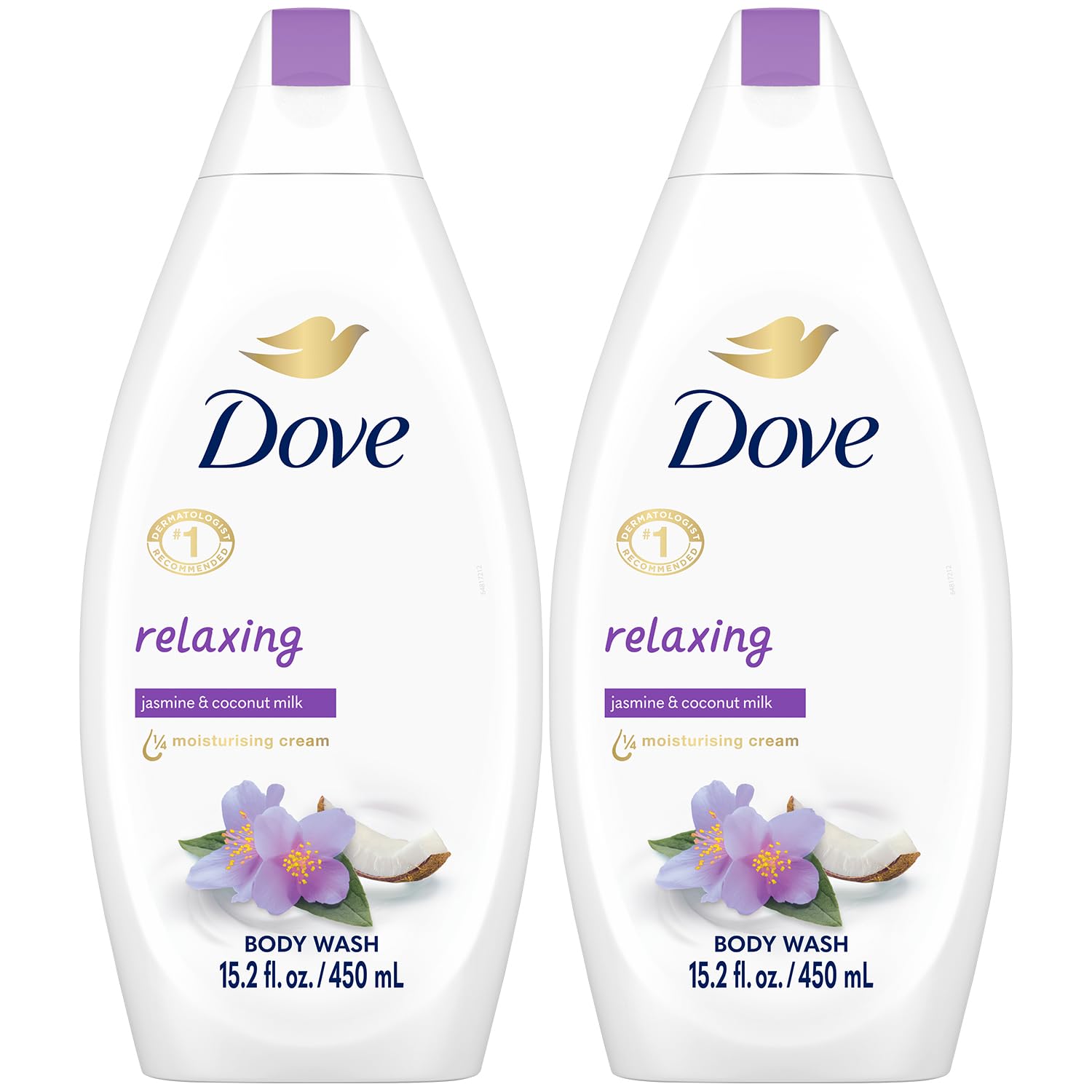 Dove Body Wash Relaxing Ritual Bottle shows soothing jasmine and coconut milk for softer skin.