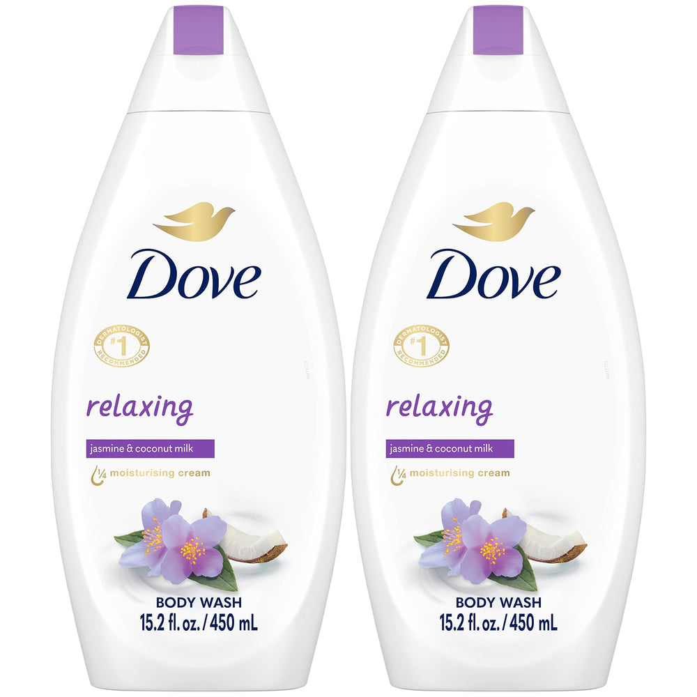Dove Body Wash Relaxing Ritual Bottle shows soothing jasmine and coconut milk for softer skin.