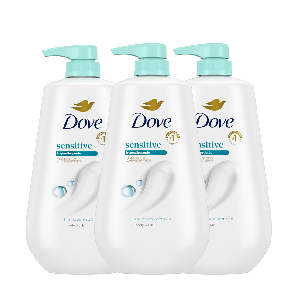 Dove Sensitive Skin Body Wash bottle dispenses micromoisture droplets for 24-hour hydration.