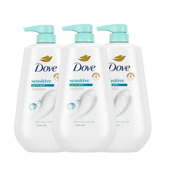 Dove Sensitive Skin Body Wash bottle dispenses micromoisture droplets for 24-hour hydration.