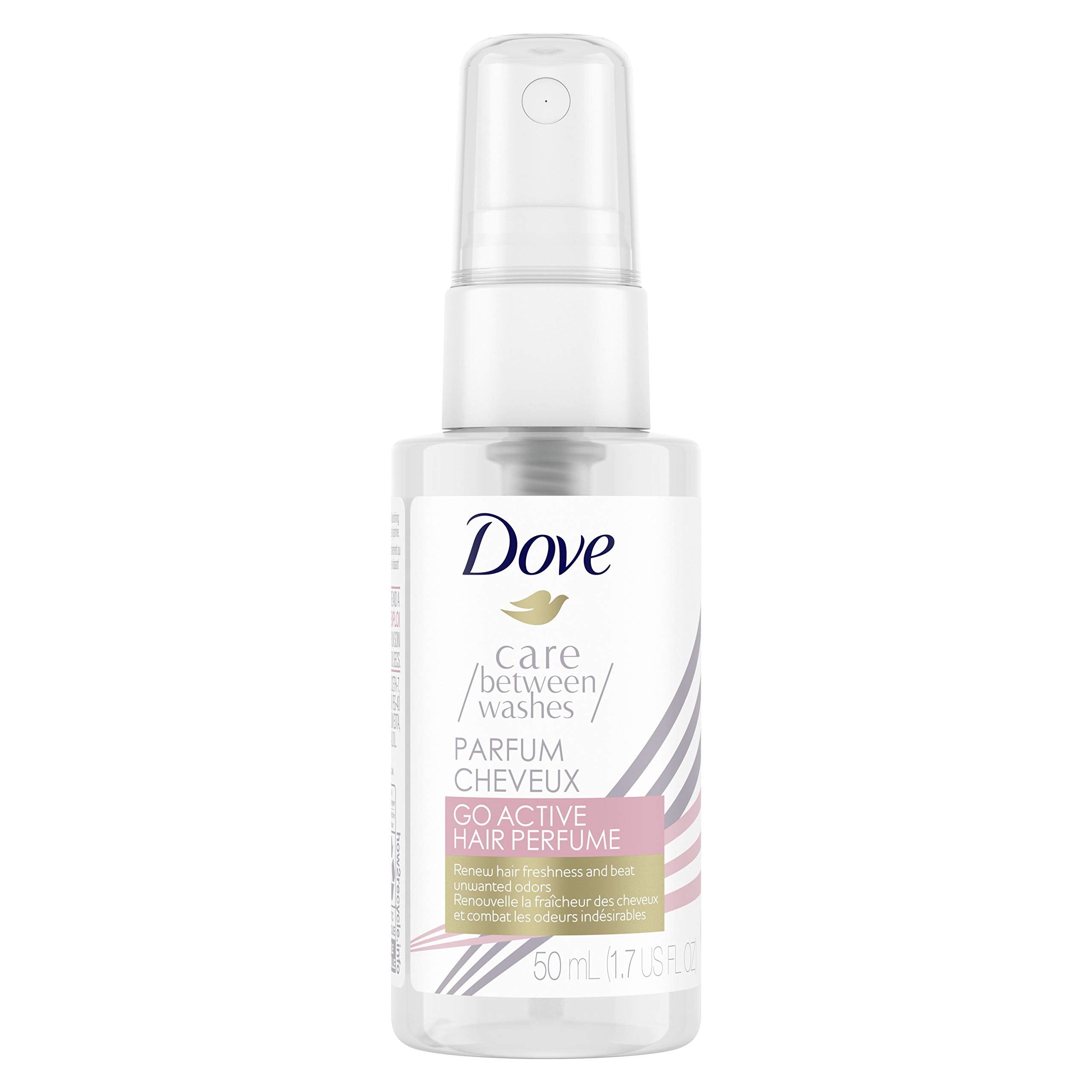 Dove Care Between Washes hair perfume bottle close-up delivering lasting freshness between washes.