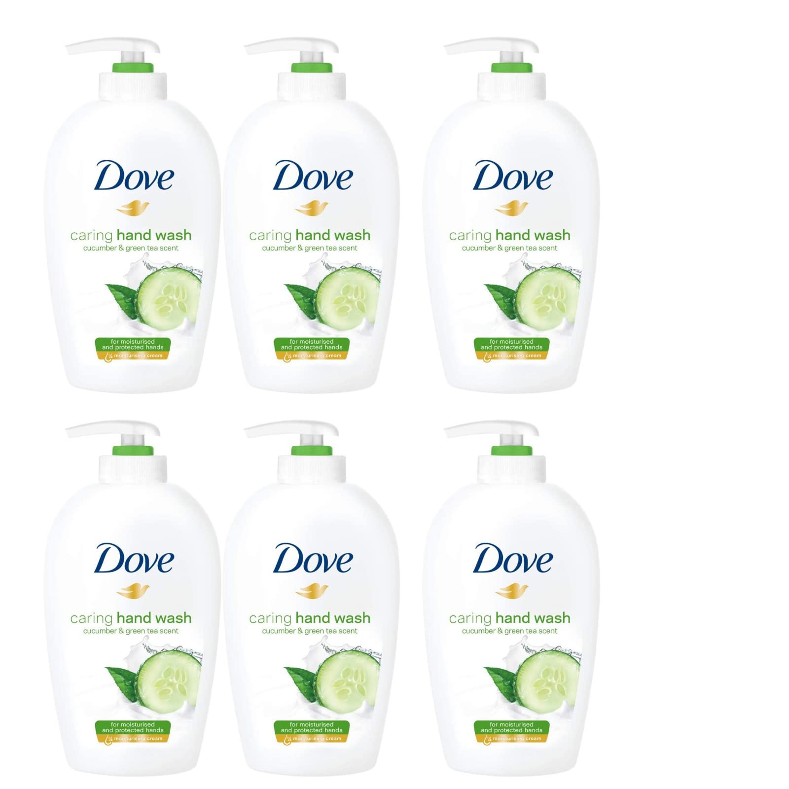 Dove Caring Hand Wash bottle with cucumber and green tea for refreshed, soft hands.