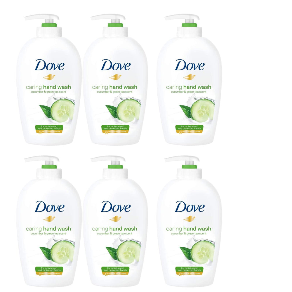 Dove Caring Hand Wash bottle with cucumber and green tea for refreshed, soft hands.