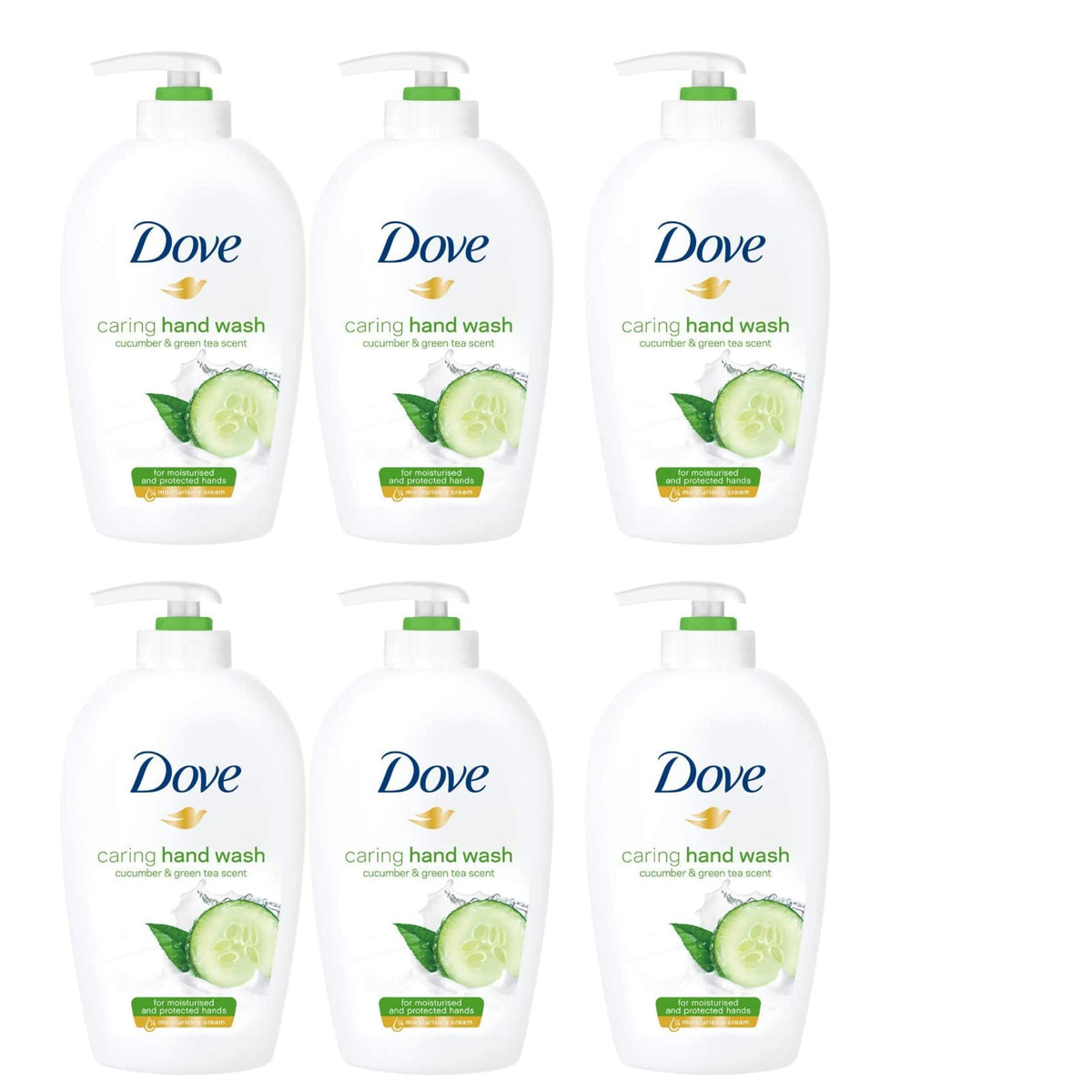 Dove Caring Hand Wash bottle with cucumber and green tea for refreshed, soft hands.
