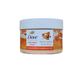 Dove Cinnamon Pumpkin Pie Body Scrub jar shows festive nourishment and gentle exfoliation for softer skin.