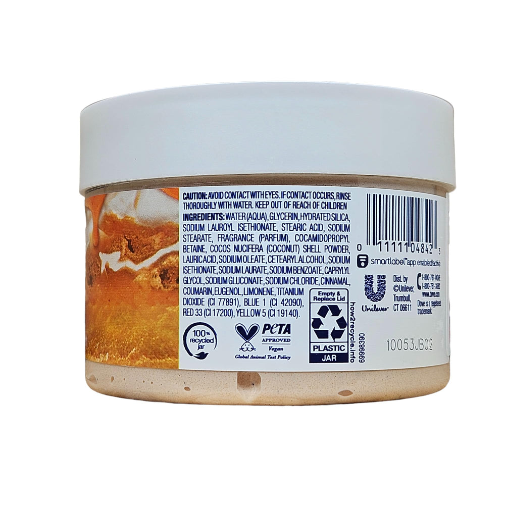 Dove Cinnamon Pumpkin Pie Scrub closeup reveals exfoliation and nourishment for radiant skin.