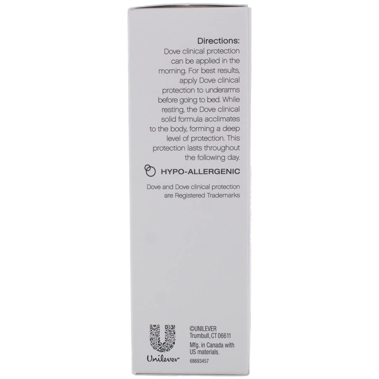 Dove Clinial Protection Deodorant Original Clean packaging back view for easy storage.