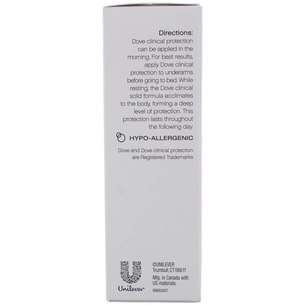 Dove Clinial Protection Deodorant Original Clean packaging back view for easy storage.