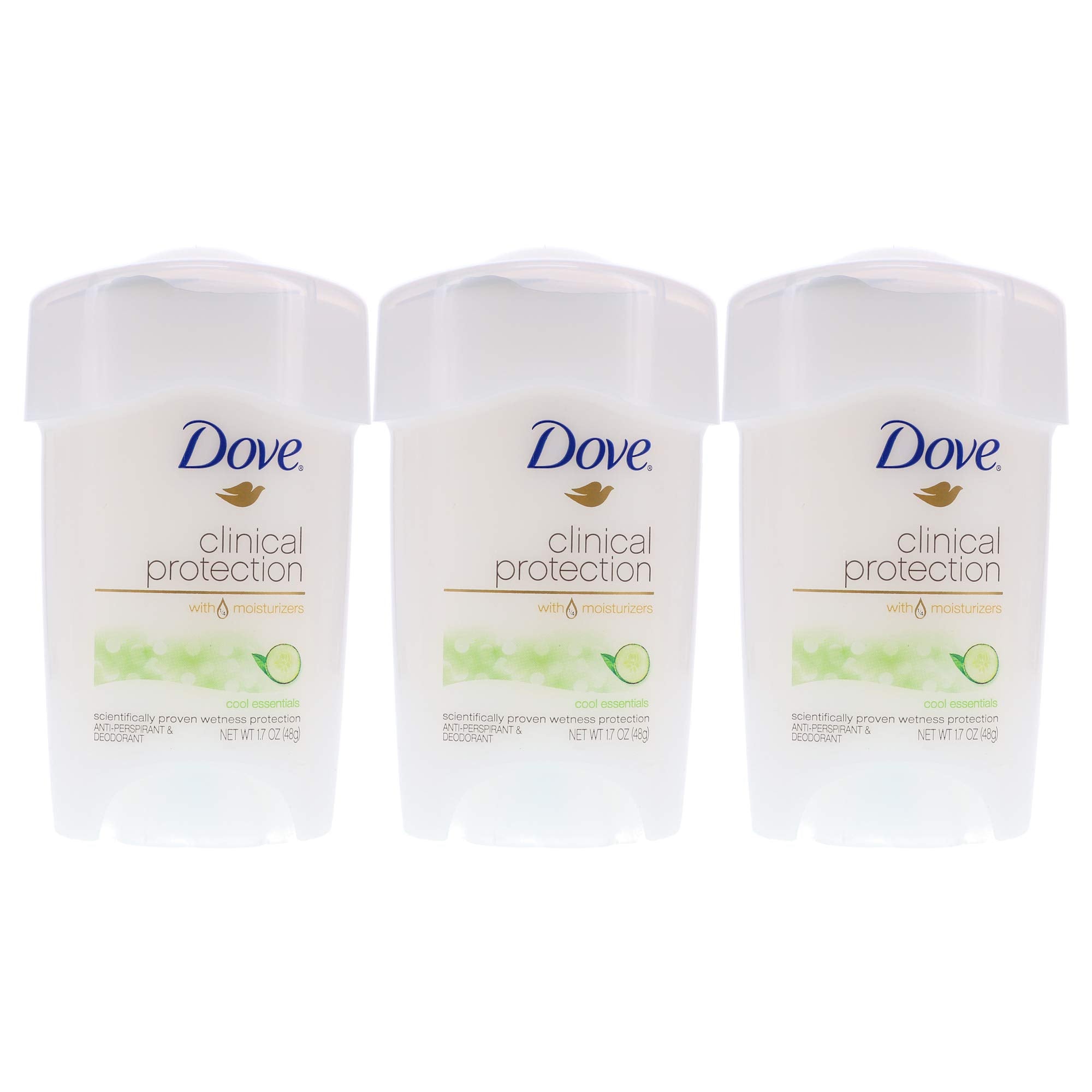 Dove Clinical Protection Cool Essentials deodorant stick pack provides three sticks for daily protection.