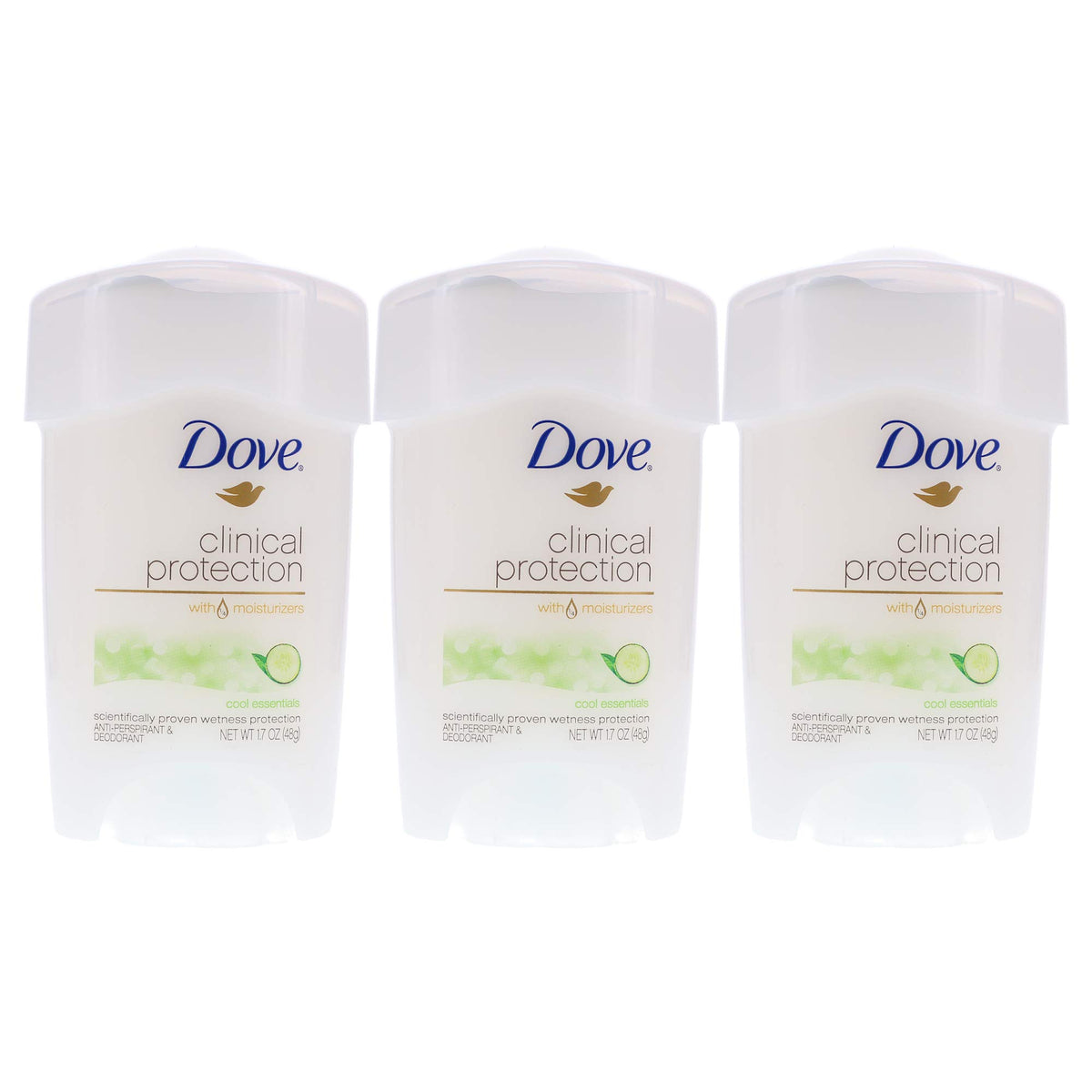 Dove Clinical Protection Cool Essentials deodorant stick pack provides three sticks for daily protection.
