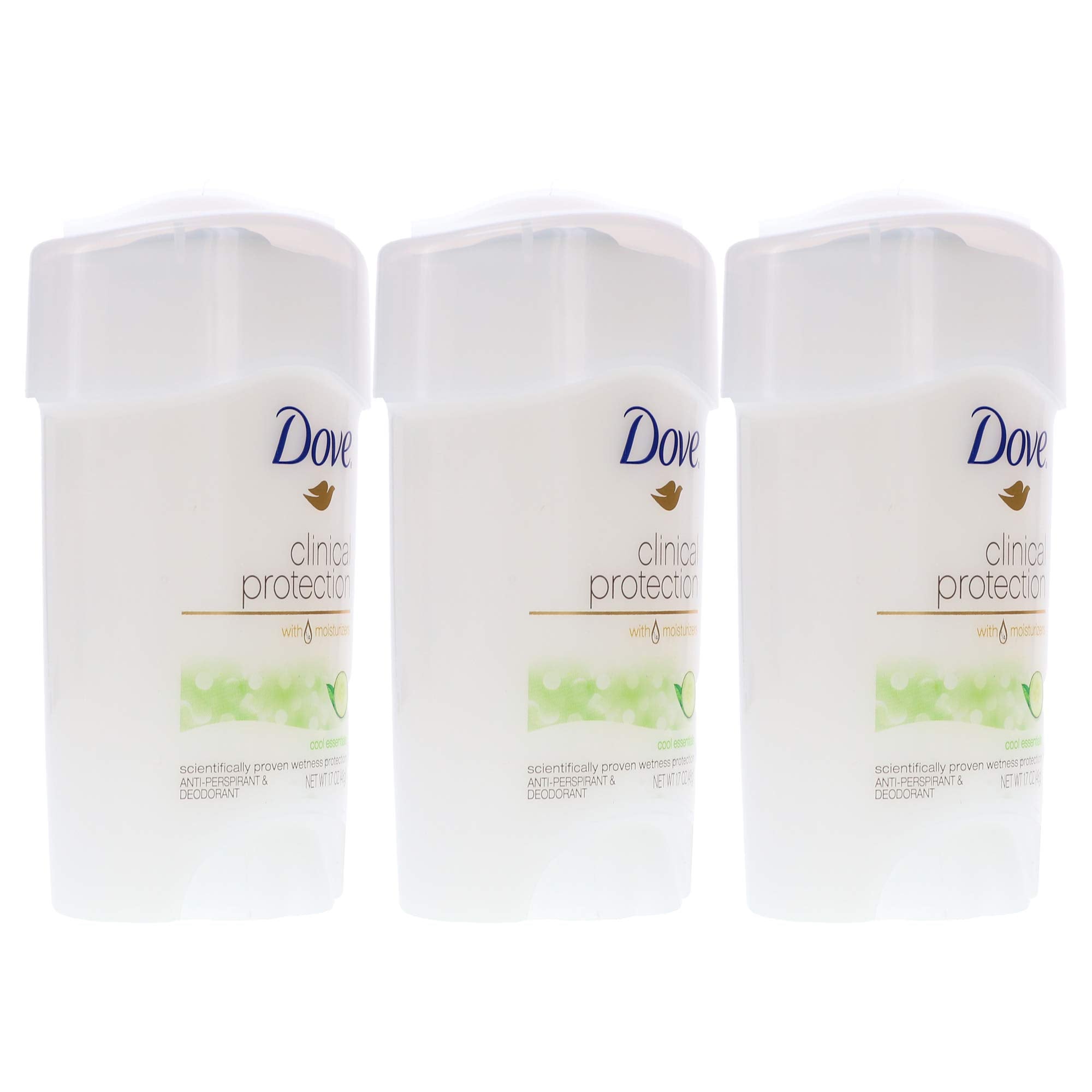 Dove Clinical Protection Cool Essentials deodorant stick close-up emphasizes moisturizing formula.