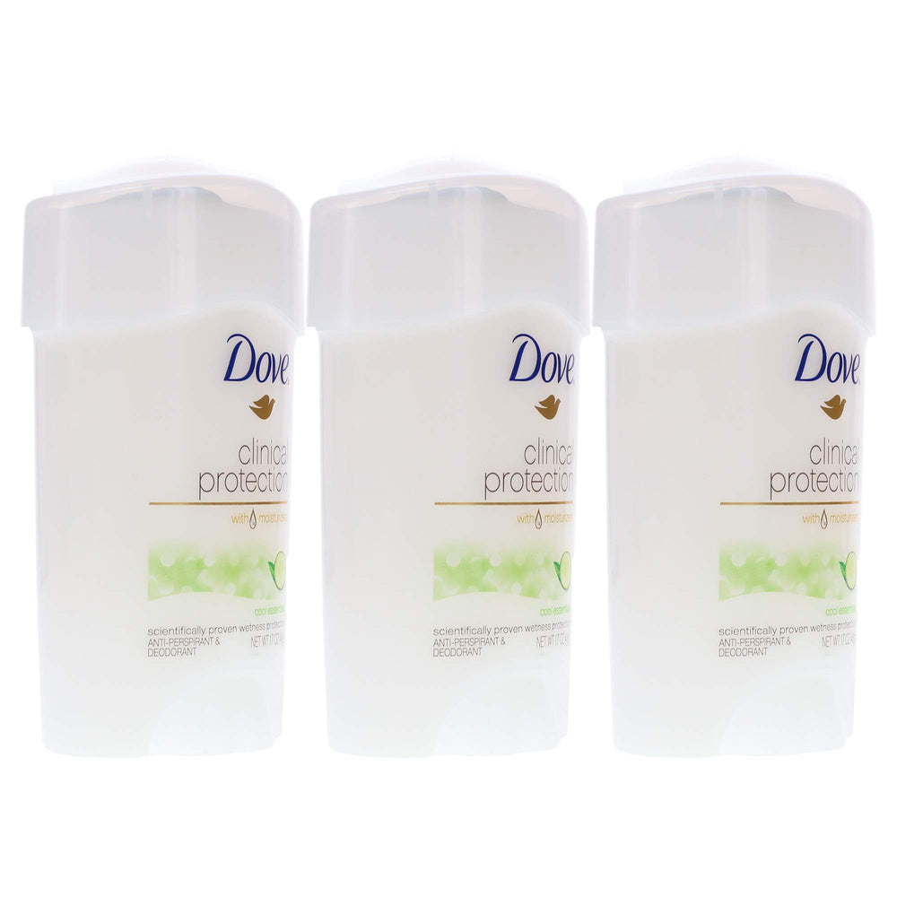Dove Clinical Protection Cool Essentials deodorant stick close-up emphasizes moisturizing formula.