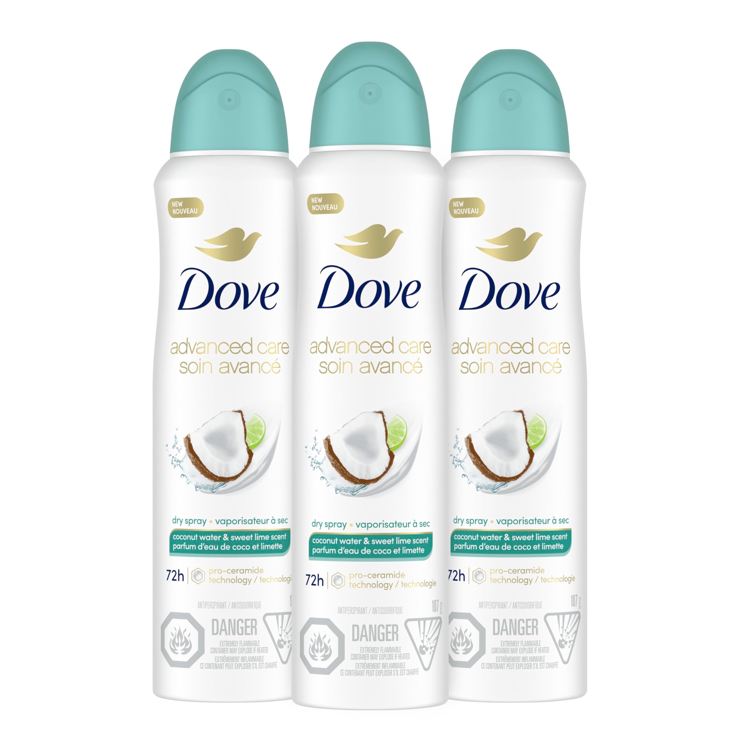 Dove Coconut Water & Lime dry spray bottle highlights fragrance and texture for all-day feel.
