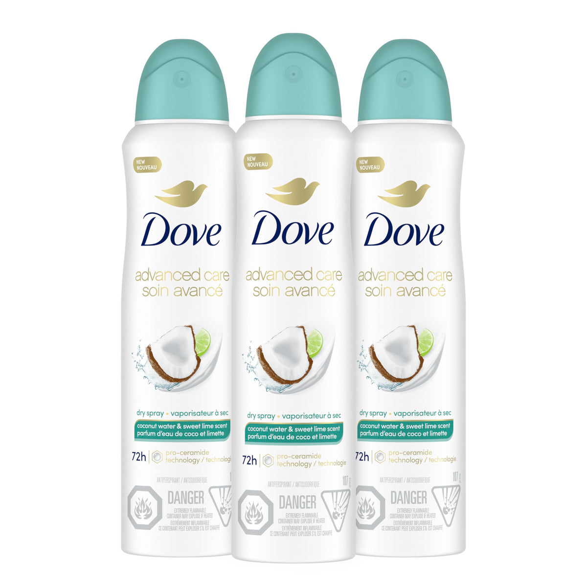 Dove Coconut Water & Lime dry spray bottle highlights fragrance and texture for all-day feel.