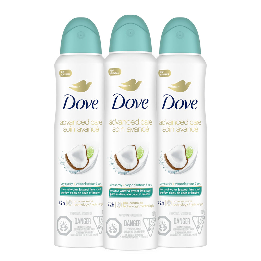 Dove Coconut Water & Lime dry spray bottle highlights fragrance and texture for all-day feel.
