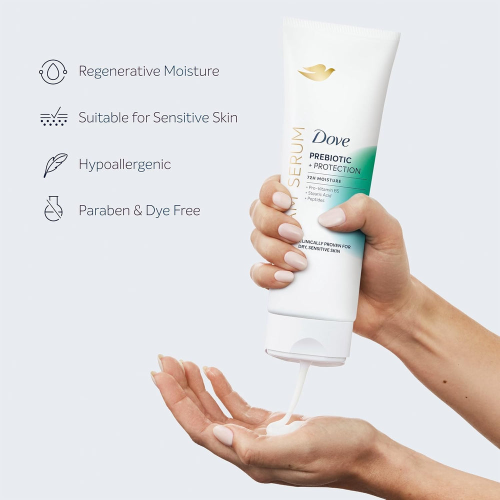 Dove Cream Serum product shot demonstrates suitability for sensitive skin.