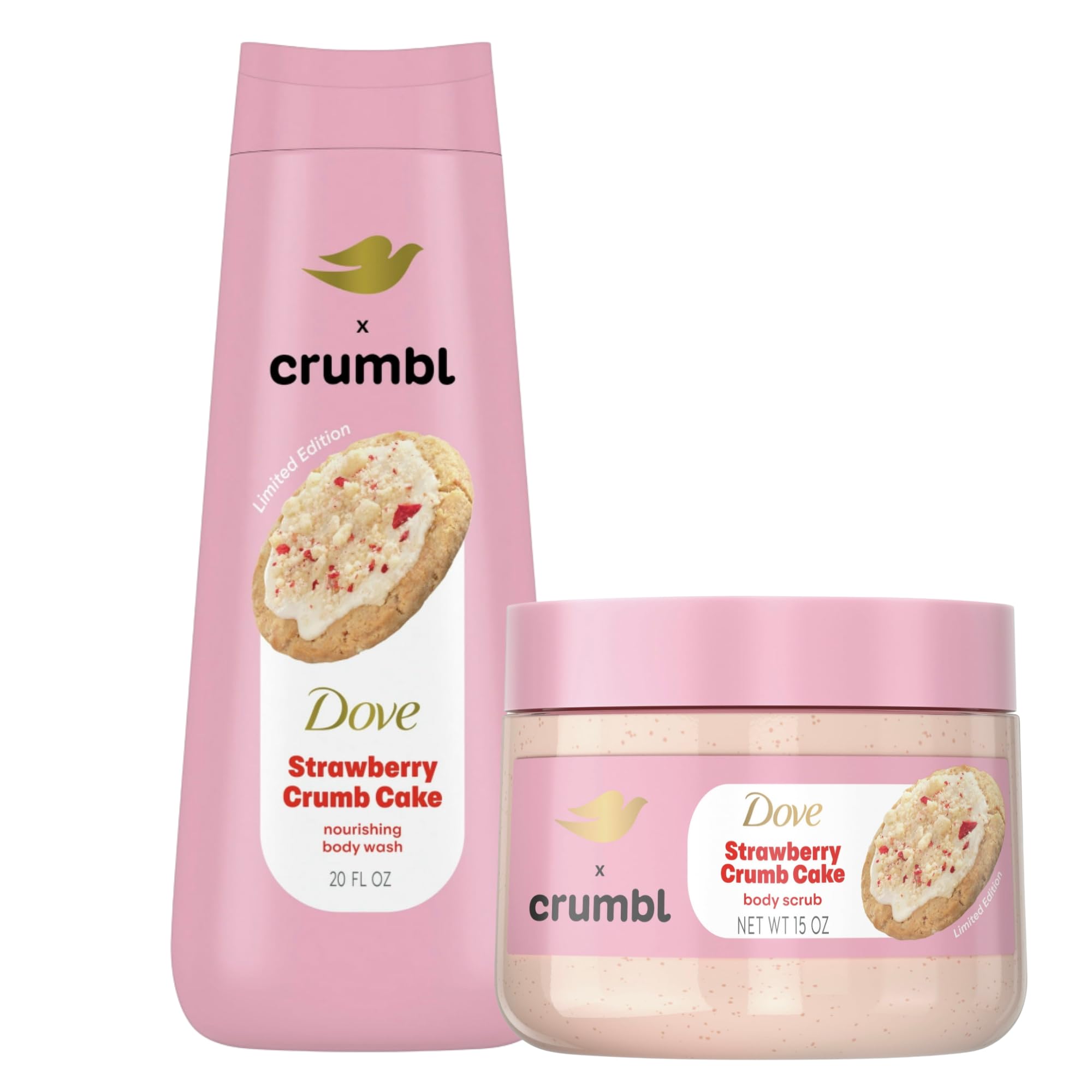 Dove Crumbl duo displayed on bathroom shelf for daily routine