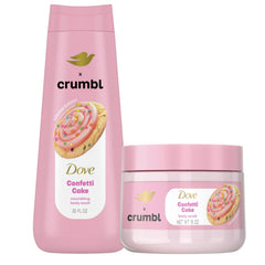 Dove Crumbl Confetti Cake body wash bottle close-up for silky skin prep.