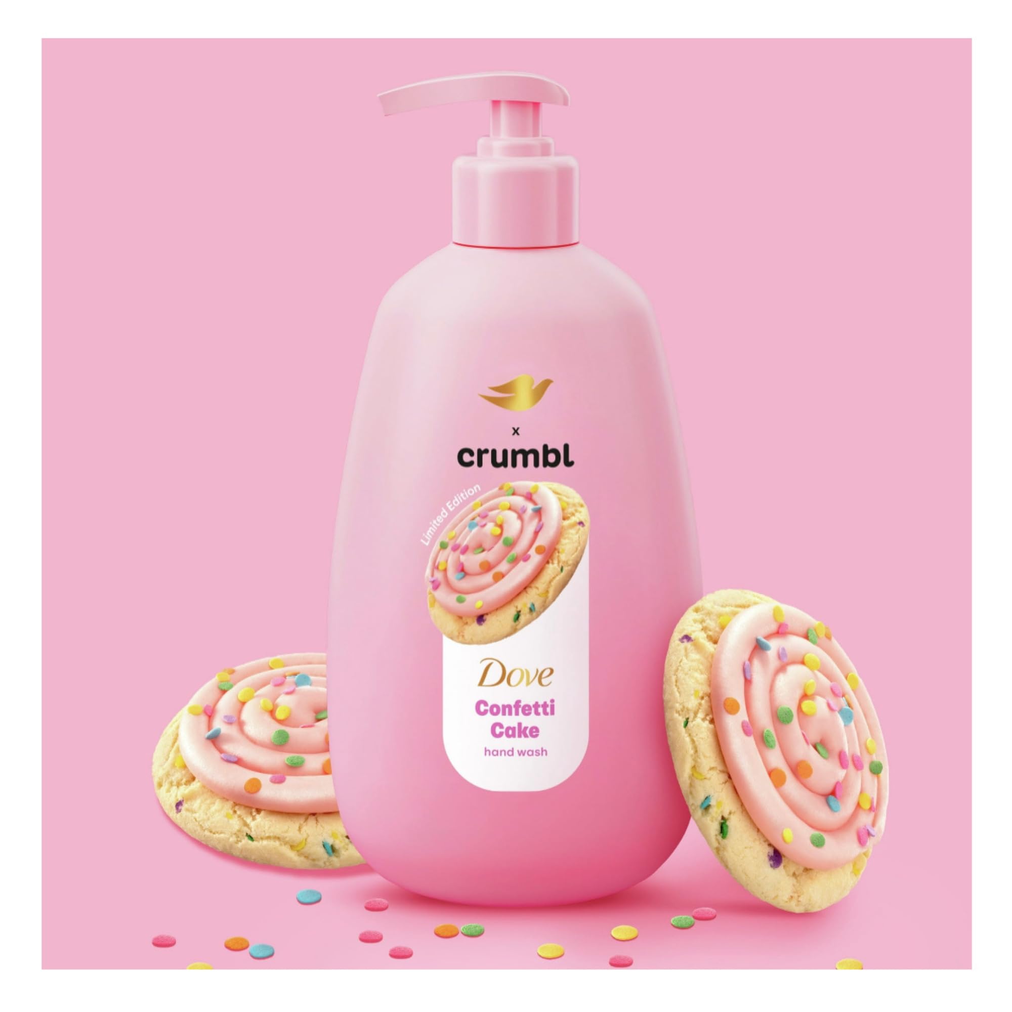 Dove Crumbl Confetti Cake bottle front with warm sugar cookie scent.