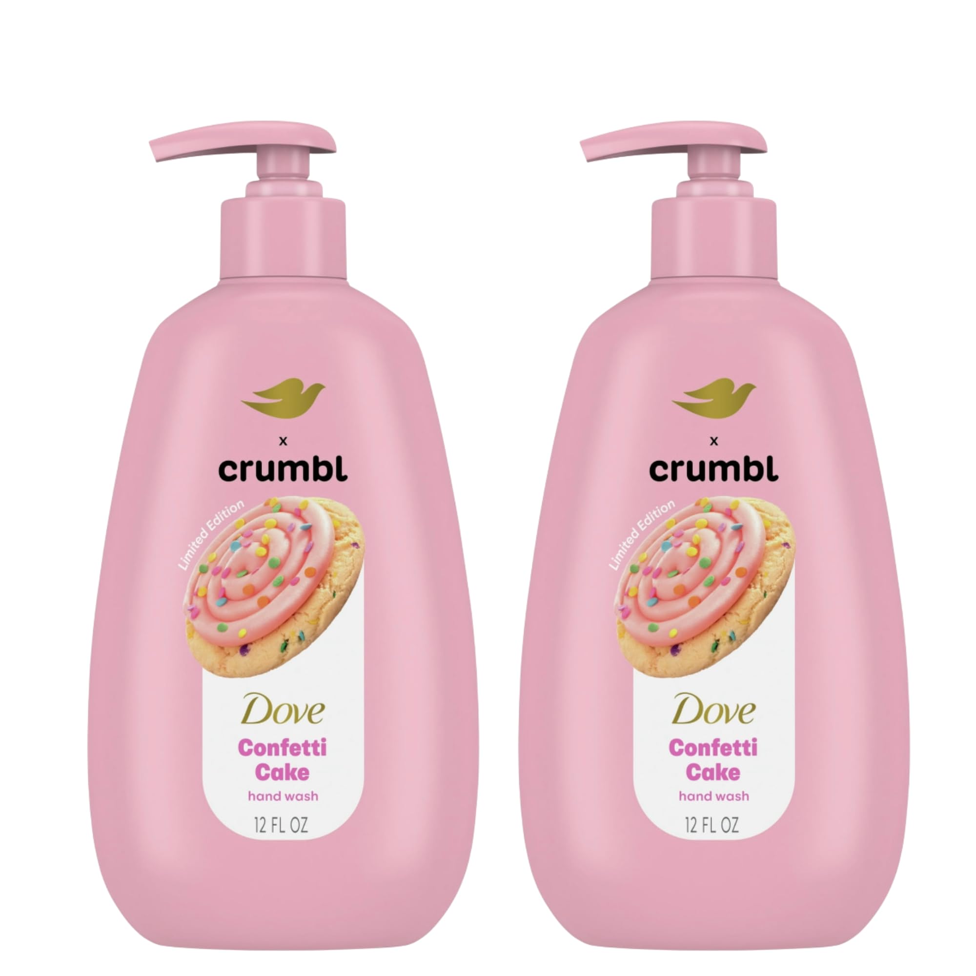 Dove Crumbl Confetti Cake bottle with creamy lather demonstration.