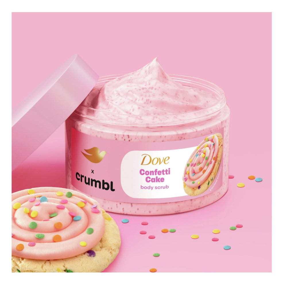 Dove Crumbl Confetti Cake scent notes on packaging evoke celebratory shower experience.